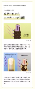 Point.01、ヘアカラーの色落ち抑制機能。 キレイな髪色つづく。 「カラーロックコーティング技術」「紫外線が 内部に侵入」イメージ。 髪の毛が紫外線を浴びると表面のキューティクルが剥がれ紫外線が内部に侵入しやすくなります。そのため、退色が起こります。 「UVヘアカラーロック バーム」「従来自社商品」イメージ。とろけるバームオイルが髪１本１本をしっかりコーティングすることで多方向からの強力紫外線をカット。それにより退色をおさえます。