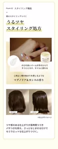 Point.02、スタイリング機能。 朝のスタイリングつづく。 「うるツヤスタイリング処方」 のびの良いバームが手のひらですぐにとろけ、オイルに変わる。心地よい朝の始まりを感じるようなマグノリア＆カシスの香り。 ツヤ感のある仕上がりが長時間つづきパサつきを抑え、さっとなじませるだけでセミウエットな仕上がりつづく。