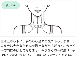 デコルテ：首は上から下に、手のひら全体で撫で下ろします。  デコルテは大きならせんを描きながら広げます。  大きく一方向にのばしてなじませ、ムラなく均一に広げ、手のひら全体でおさえ、丁寧になじませてください。