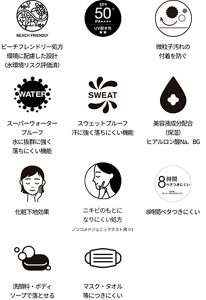 ビーチフレンドリー処方  環境に配慮した設計（水環境リスク評価済）  SPF50+ PA++++ / UV耐水性 ★★  微粒子汚れの付着を防ぐ  スーパーウォータープルーフ  水に抜群に強く落ちにくい機能  スウェットプルーフ 汗に強く落ちにくい機能  美容液成分配合(保湿) ヒアルロン酸Na、BG  化粧下地効果  ニキビのもとになりにくい処方 ノンコメドジェニックテスト済※1  8時間ベタつきにくい 感じ方には個人差があります。  洗顔料・ボディソープで落とせる  マスク・タオル等につきにくい