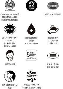 8時間髪のツヤ仕上がり持続※1 当社調べ。効果には個人差があります。 SPA50+。 ビーチフレンドリー処方 環境に配慮した設計（水環境リスク評価済）。 スーパーウォータープルーフ水に抜群に強く落ちにくい機能（肌使用時における効果です）。 
