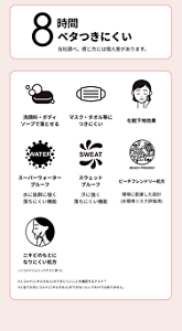 8時間 ベタつきにくい 当社調べ。感じ方には個人差があります。洗顔料・ボディソープで落とせる  マスク・タオル等につきにくい  化粧下地効果  スーパーウォータープルーフ 水に抜群に強く落ちにくい機能  スウェットプルーフ 汗に強く落ちにくい機能  ビーチフレンドリー処方 環境に配慮した設計（水環境リスク評価済）  ニキビのもとになりにくい処方 ノンコメドジェニックテスト済※1※1 コメド（ニキビのもと）のできにくいことを確認するテスト※2 ※2 全ての方にコメド（ニキビのもと）ができないというわけではありません。