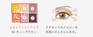 6セレクションアイズ　01 サニーブラウン　アクセントのイエローを目尻にひとさしします。