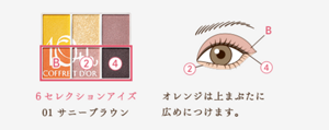6セレクションアイズ　01 サニーブラウン　オレンジは上まぶたに 広めにつけます。