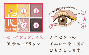 6セレクションアイズ　01 サニーブラウン　アクセントのイエローを目尻にひとさしします。