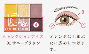 6セレクションアイズ　01 サニーブラウン　オレンジは上まぶたに 広めにつけます。