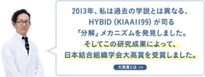 2013年、私は過去の学説とは異なる、HYBID（KIAA1199）が司る「分解」メカニズムを発見しました。そしてこの研究成果によって、日本結合組織学会大高賞を受賞しました。