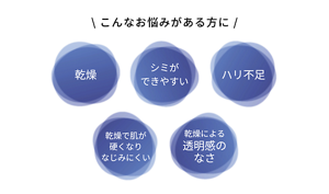 こんなお悩みがある方に。乾燥、シミができやすい、ハリ不足、乾燥で肌が硬くなりなじみにくい、乾燥による透明感のなさ。