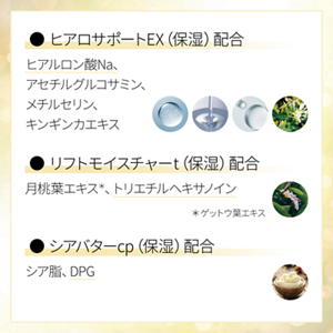 ヒアロサポートEX（保湿）配合 ヒアルロン酸Na、アセチルグルコサミン、メチルセリン、キンギンカエキス リフトモイスチャーt（保湿）配合 月桃葉エキス（ゲットウ葉エキス）、トリエチルヘキサノイン シアバターcp（保湿）配合 シア脂、DPG