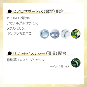ヒアロサポートEX（保湿）配合 ヒアルロン酸Na、アセチルグルコサミン、メチルセリン、キンギンカエキス リフトモイスチャー（保湿）配合 月桃葉エキス（ゲットウ葉エキス）、グリセリン