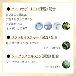 ヒアロサポートEX（保湿）配合 ヒアルロン酸Na、アセチルグルコサミン、メチルセリン、キンギンカエキス リフトモイスチャー（保湿）配合 月桃葉エキス（ゲットウ葉エキス）、グリセリン シーグラスエキスcp（保湿）配合 シーグラスエキス（アマモエキス）、DPG