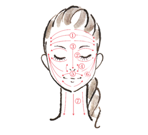 お顔へのなじませ方は1、両手の指で額の中心から外側に向かって何度かなじませます。2、両目の内側からまゆに沿って外側に向かってなじませます。次に両目の内側から涙袋に沿って外側に向かってなじませます。3、眉間から鼻先を上から下になじませます。4、小鼻の脇を上下になじませます。5、鼻下から口角に向かってなじませます。次に顎から口角に向かってなじませます。6、口角からこめかみに向かって何度かなじませます。7、顎と首の間から下に向かってなじませます。