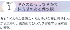 POINT1 厚みのあるしなやかで弾力感のある保水膜。 糸を引くような濃密なとろみ液が角層に浸透しながら広がり、肌表面でぴったり密着する保水膜に変化。