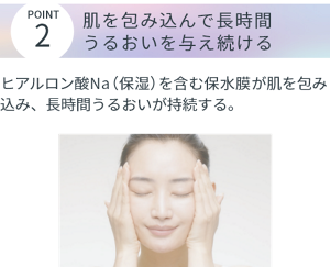 POINT2 肌を包み込んで長時間うるおいを与え続ける。 ヒアルロン酸Na(保湿)を含む保水膜が肌を包み込み、長時間うるおいが持続する。