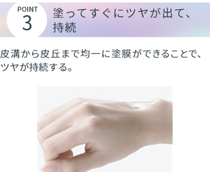 POINT3 塗ってすぐにツヤが出て、持続。 皮溝から皮丘まで均一に塗膜ができることで、ツヤが持続する。