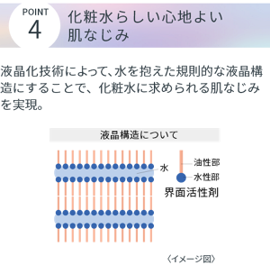 POINT4 化粧水らしい心地よい肌なじみ。 液晶化技術によって、水を抱えた規則的な液晶構造にすることで、化粧水に求められる肌なじみを実現。