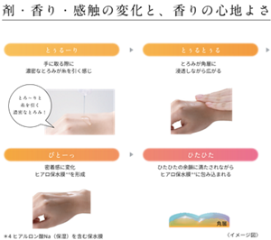 剤・香り・感触の変化と、香りの心地よさ。最初は「とぅるーり」、手に取る際に濃密なとろみが糸を引く感じ。次に「とぅるとぅる」、とろみが角層に浸透しながら広がる。次は「ぴとーっ」密着感に変化。ヒアルロン酸Na(保湿)を含む保水膜を形成。最後は「ひたひた」、ひたひたの余韻に満たされながらヒアルロン酸Na(保湿)を含む保水膜に包み込まれる。