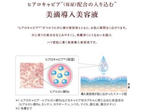 ヒアロキャビア（保湿）配合の入り込む美滴導入美容液。 ヒアロキャビアがつかうたびに弾け美容液とともに、お肌に隙間なくひろがります。次に使う化粧水をなじみやすくし、各層深くにうるおいを届け、ハリ密肌に導く美滴導入美容液です。  ヒアロキャビアとは、ヒアルロン酸Naなどをキャビア状カプセルに閉じ込めた保湿成分（ヒアルロン酸Na、カンテン、カラギーナン、シリカ、マイカ、酸化鉄、酸化チタン）