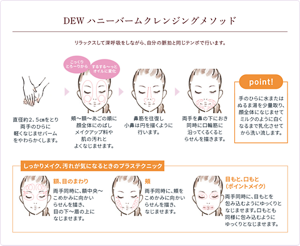 DEW ハニーバームクレンジングメソッド。リラックスして深呼吸をしながら、自分の脈拍と同じテンポで行います。直径約2.5cmをとり両手のひらに軽くなじませバームをやわらかくします。頬から額、あごの順に顔全体にのばしメイクアップ料や肌の汚れとよくなじませます。こっくりとろーりしたテクスチャからするする～っとオイルに変化します。鼻筋を往復し小鼻は円を描くように行います。両手を鼻の下におき同時に口輪筋に沿ってくるくるとらせんを描きます。【point!】手のひらに水またはぬるま湯を少量取り、顔全体になじませてミルクのように白くなるまで乳化させてから洗い流します。【しっかりメイク、汚れが気になるときのプラステクニック】額、目のまわりは、両手同時に、額中央～こめかみに向かいらせんを描き、目の下～眉の上になじませます。頬は両手同時に、頬をこめかみに向かいらせんを描き、なじませます。目もと口もと（ポイントメイク）は、両手同時に、目元を包み込むようにゆっくりとなじませます。口もとも同様に包み込むようにゆっくりとなじませます。