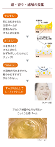 剤・香り・感触の変化。最初は「するする～」。肌になじませると生感バームが密着しながらオイル状に変化。次に「さらさら～」水を加えるとオイル状からみずみずしいミルク状にチェンジ！次に「つるんっ」水溶性の汚れまでオフ。軽やかにすすげてヌルつかない。最後は「すっきり落としてしっとりやわらか」　アカシア蜂蜜のような明るいこっくり生感バーム。