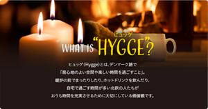 WHAT IS "HYGGE"?　ヒュッゲ（Hygge）とは、デンマーク語で「居心地のよい空間や楽しい時間を過ごすこと」。暖炉の前でまったりしたり、ホットドリンクを飲んだり、自宅で過ごす時間が多い北欧の人たちがおうち時間を充実させるために大切にしている価値観です。