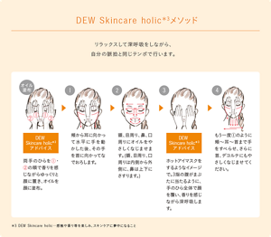 DEW Skincare holic メソッド。リラックスして深呼吸をしながら、自分の脈拍と同じテンポで行います。まずは「オイル塗布」、両手のひらをゆっくりと顔の中央から外側に向けて香りを感じながら置き、オイルを顔に塗布。１、頬から耳に向かって水平に手を動かした後、その手を首に向かってなでおろします。２、額、目周り、鼻、口周りにオイルをやさしくなじませます。（額、目周り、口周りは内側から外側に、鼻は上下にさすります。）３、Dew Skincare holic アドバイス　ホットアイマスクをするようなイメージで。3指の腹がまぶたに当たるように、手のひら全体で顔を覆い、香りを感じながら深呼吸します。４、もう一度１のように頬から耳、首まで手をすべらせ、さらに首、デコルテにもやさしくなじませてください。