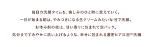 毎日の洗顔タイムを、愉しみのひと時に変えていく。 一日が始まる朝は、生クリームみたいな泡でやみつき洗顔。 お休み前の夜は、甘い香りに包まれて泡パック。 気分まですみやかに洗い上げるような、幸せに包まれる濃密ヒアロ泡洗顔※1