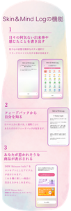 Skin＆Mind Logの機能　1[日々の何気ない出来事や感じたことを書き出す]肌や心の状態を簡単なボタン選択やフリーテキストで入力する事が出来ます。2[フィードバックから自分を知る]日々の入力に基づき、1週間ごとにあなただけのフィードバックが届きます。3[あなたが惹かれそうな商品が表示される]DEW Skincare holic*1をコンセプトにしたアイテムが表示されます。これを機に新しい商品に出会えるかもしれません。*DEW Skincare holic…感触や香り等を楽しみ、スキンケアに夢中になること