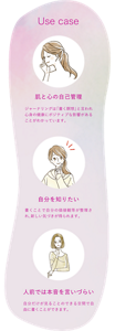 Use Case [肌と心の自己管理]ジャーナリングは「書く瞑想」と言われ心身の健康にポジティブな影響があることがわかっています。[自分を知りたい]書くことで自分の価値観等が整理され、新しい気づきが得られます。[人前では本音は言いづらい]自分だけが見ることのできる空間で自由に書くことができます。
