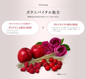Technology　ボタニバイタル処方　植物由来の成分を活かしたうるおい処方　ボタニバイタルシリーズ共通成分　ポリアミンα配合（保湿）（ダイズ芽エキス※1・グリセリン　※1ダイズの芽から抽出した天然成分　ボタニモイスト配合（保湿）（ダマスクバラ花水・キュウリ果実エキス・アセロラ果実エキス・リンゴ果実エキス・キイチゴエキス・コメ発酵液・水溶性コラーゲン・ヒアルロン酸Na