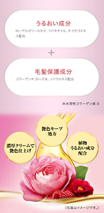 うるおい成分：ローヤルゼリーエキス、ツバキオイル、キイチゴエキス配合　毛髪保護成分：コラーゲン、ローズ水、ノバラエキス配合　濃厚クリームで艶色仕上げ　艶色キープ処方　植物うるおい成分配合	