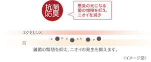 抗菌防臭 悪臭の元になる 菌の増殖を抑え、 ニオイを減少