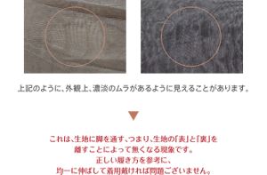 上記のように、外観上、濃淡のムラがあるように見えることがあります。 これは、生地に脚を通す、つまり、生地の「表」と「裏」を離すことによって 無くなる現象です。正しい履き方を参考に、 均一に伸ばして着用戴ければ問題ございません。