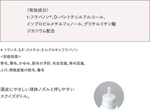〈有効成分〉 t-フラバノン*、D-パントテニルアルコール、 イソプロピルメチルフェノール、グリチルリチン酸 ジカリウム配合  ＊ トランス-3,4'-ジメチル-3-ヒドロキシフラバノン ＜効能効果＞ 育毛、薄毛、かゆみ、脱毛の予防、毛生促進、発毛促進、 ふけ、病後産後の脱毛、養毛  頭皮にやさしい球体ノズルと押しやすいスク イズボトルで、ストレスフリーなケアが できます。