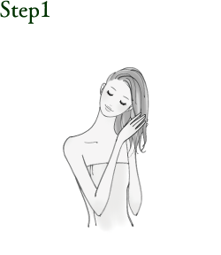 Step1 手のひらに適量とり、毛先にたっぷりなじませた後、手に残ったトリートメントを髪全体になじませます。