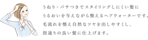 うねり・パサつきでスタイリングしにくい髪に うるおいを与えながら整えるヘアウォーターです。 毛流れを整え自然なツヤを出しやすくし、 指通りの良い髪に仕上げます。