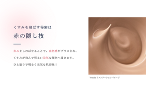 くすみを飛ばす秘密は赤の隠し技　赤みをしのばせることで、血色感がプラスされ、くすみが飛んで明るい元気な顔色へ導きます。ひと塗りで明るく元気な肌印象！