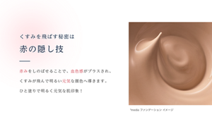 くすみを飛ばす秘密は赤の隠し技　赤みをしのばせることで、血色感がプラスされ、くすみが飛んで明るい元気な顔色へ導きます。ひと塗りで明るく元気な肌印象！