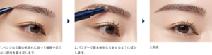 ご使用方法のイメージ。1.ペンシルで眉の毛流れに沿って輪郭や足りない部分を描き足します。　2.パウダーで眉全体をなじませるようにぼかします。　3,完成