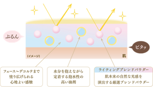 フェース～デコルテまで塗り広げられる心地よい感触 水分を抱えながら定着する抱水性の高い油剤 ライティングブレンドパウダー 肌本来の自然な光感を演出する厳選ブレンドパウダー