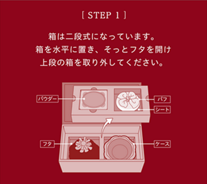 ［STEP1］箱は二段式になっています。箱を水平に置き、そっとフタを開け上段の箱を取り外してください。