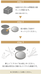 step 1 当選された方には特製拡大鏡キットが届きます。 ※拡大鏡は3倍です。 step 2 拡大鏡をご自身でセットしてください。 step 3  新しい”ミラコレ”をお楽しみください。拡大鏡は目元など細かなメイクにも最適です。 ※ご自宅用としてお使いください。