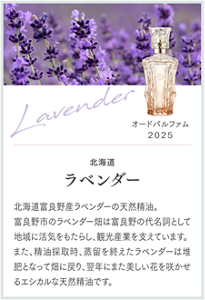 Lavender オードパルファム 2025 北海道 ラベンダー 北海道富良野産ラベンダーの天然精油。富良野市のラベンダー畑は富良野の代名詞として地域に活気をもたらし、観光産業を支えています。また、精油採取時、蒸留を終えたラベンダーは堆肥となって畑に戻り、翌年にまた美しい花を咲かせるエシカルな天然精油です。