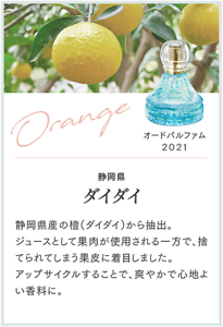 Orange オードパルファム 2021 静岡県 ダイダイ 静岡県産の橙（ダイダイ）から抽出。 ジュースとして果肉が使用される一方で、捨てられてしまう果皮に着目しました。 アップサイクルすることで、爽やかで心地よい香料に。