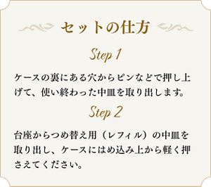 セットの仕方 Step1 ケースの裏にある穴からピンなどで押し上げて、使い終わった中皿を取り出します。 Step2 台座からつめ替え用（レフィル）の中皿を取り出し、ケースにはめ込み上から軽く押さえてください。