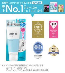 洗顔料（カウンセリング品）市場 12年連続 売上No.1 ＊3 シリーズの suisai から　＊3 インテージSRI 洗顔料（カウンセリング品）市場 2014年4月～2026年3月 ビューティクリアパウダー（従来品含む）累計販売金額　VOCE 2025AW プチプラスキンケア部門 第1位　美ST SSTベストコスメ大賞2025下半期 洗顔賞 第2位　美的 2025下半期賢者プチプラ洗顔編 第3位　LIPS 2026 上半期 こだわりアワード 洗顔部門 毛穴賞 1位
