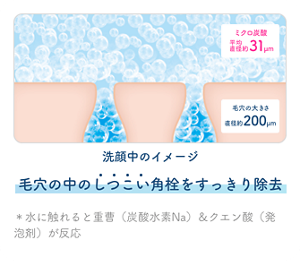 洗顔中のイメージ　毛穴の中のしつこい角栓をすっきり除去　＊水に触れると重曹（炭酸水素Na）＆クエン酸（発泡剤）が反応