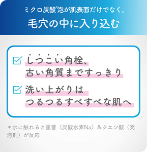 ミクロ炭酸泡が肌表面だけでなく、毛穴の中に入り込む　しつこい角栓、古い角質まですっきり　洗い上がりはつるつるすべすべな肌へ　＊水に触れると重曹（炭酸水素Na）＆クエン酸（発泡剤）が反応