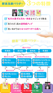 酵素洗顔パウダー 3つの特徴 毛穴の黒ずみ汚れ・角栓までごっそり除去 洗うたび、肌の透明感アップ 洗いあがりはつるつるすべすべな肌へ あなたにぴったりの酵素洗顔パウダーはどれ？