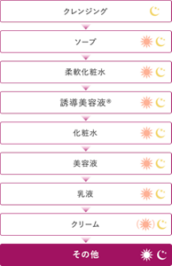 クレンジング→ソープ→柔軟化粧水→誘導美容液®→化粧水→美容液→乳液→クリーム→その他
